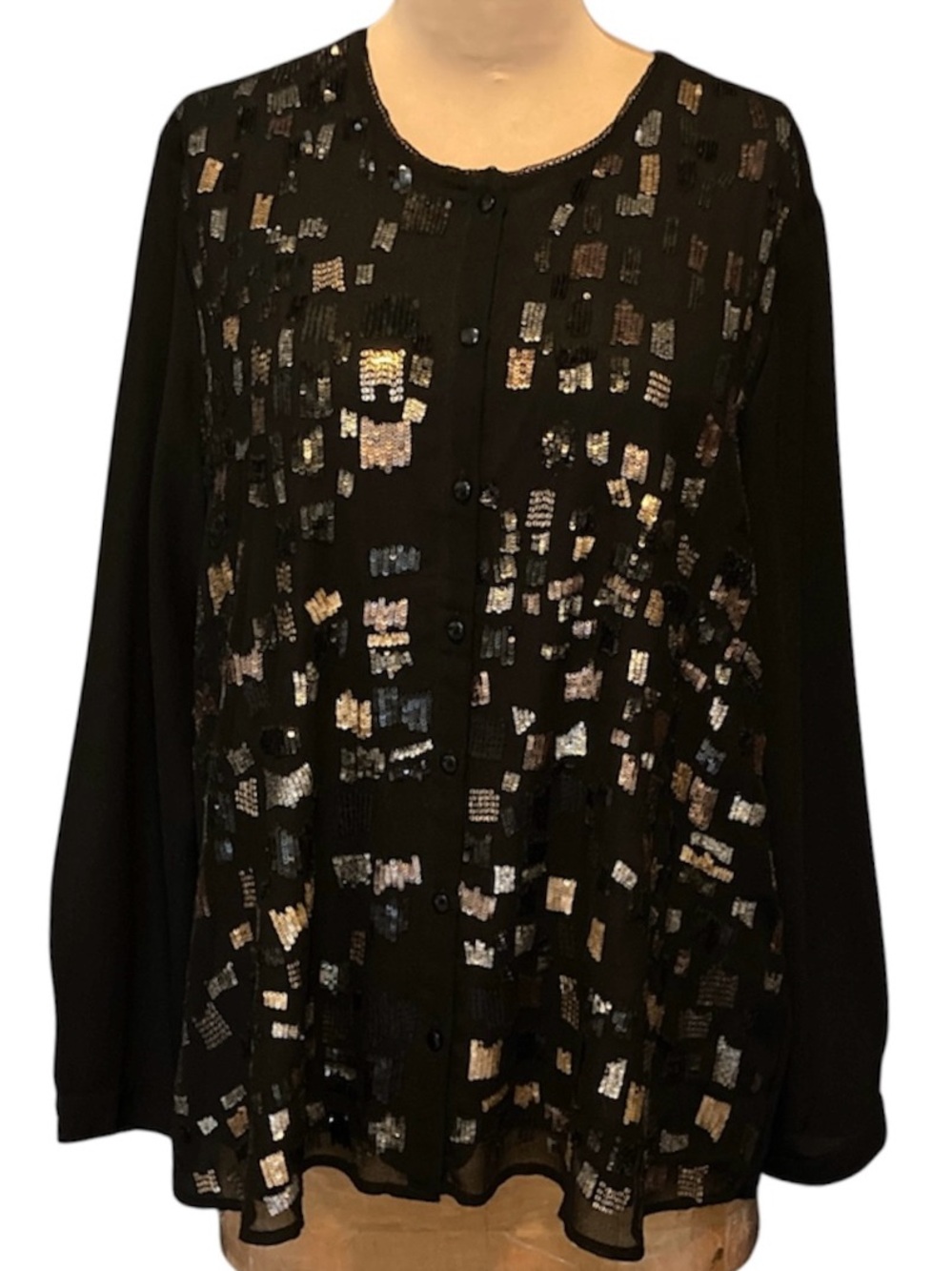 Black Sequin-Embellished Women’s Button Front Flowy Top